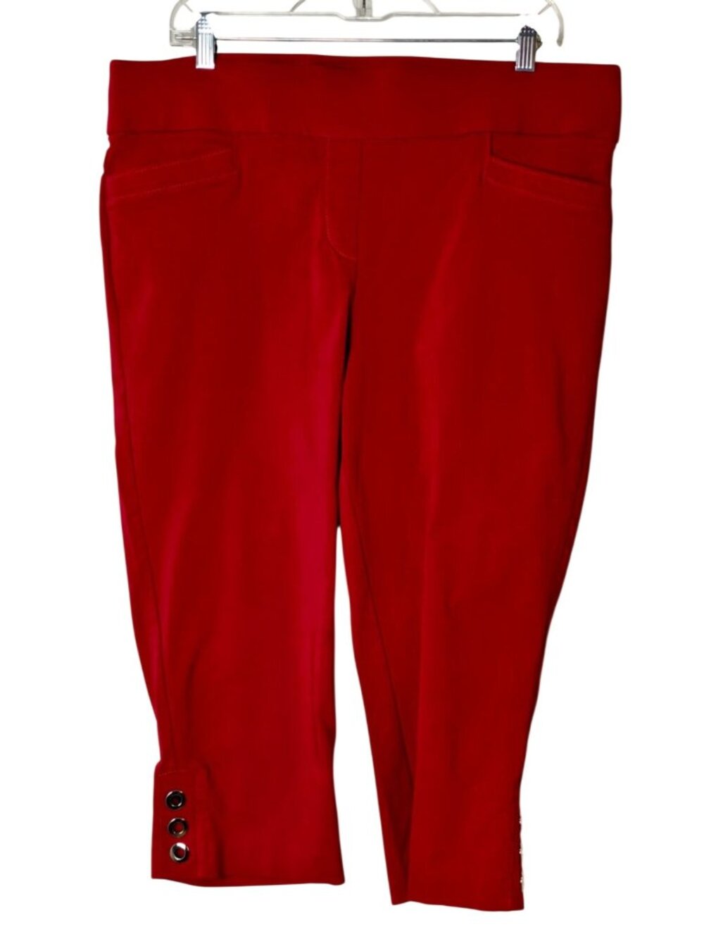 Kim Rogers Women 16 Capri Pants Red Tummy Cntrl Stretchy Button Detail Chic Hip